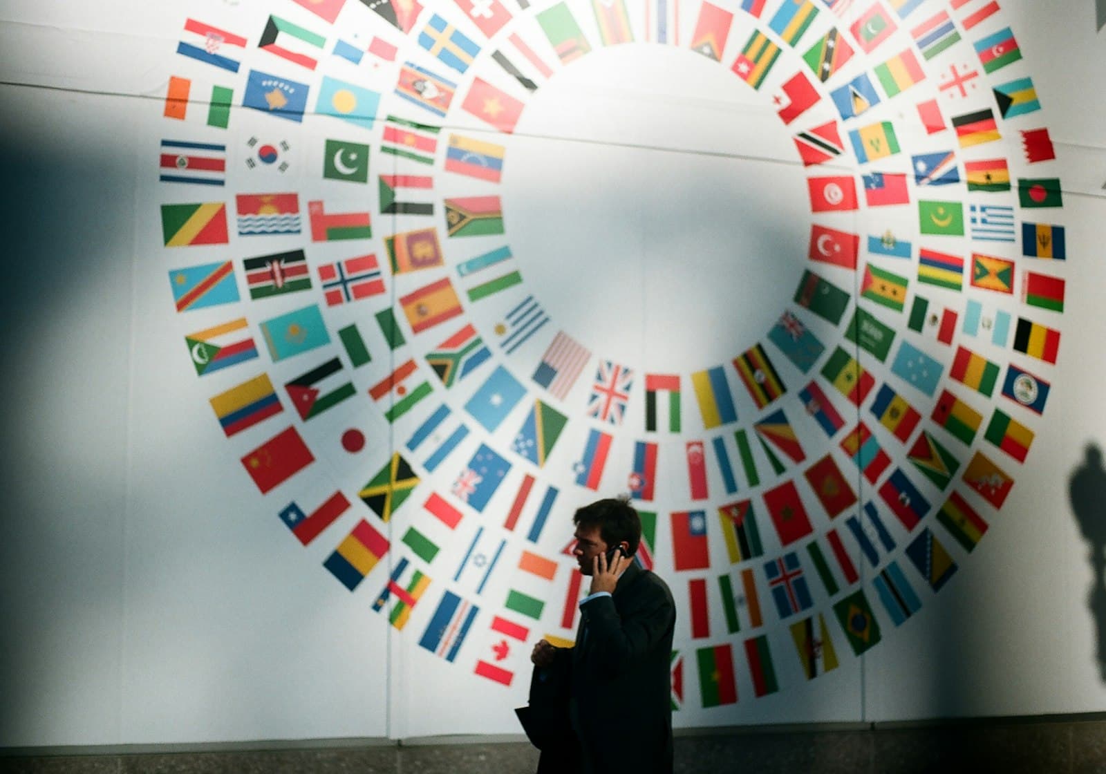 A professional takes a phone call in front of a wall of member-state flags at the World Bank headquarters